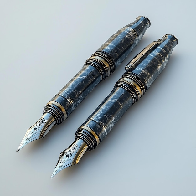 Photo three pens are lined up on a table one of which has a design on the top