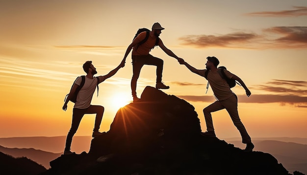 Three people aiding each other to summit a mountain at sunset symbolizing teamwork