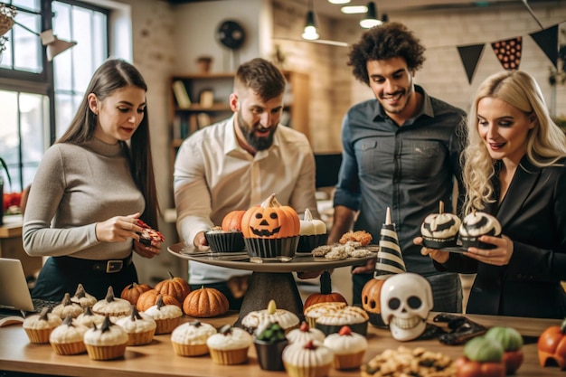 three people are looking at cupcakes and the pumpkins are on a table