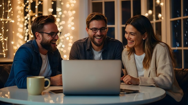 three people are looking at a laptop and the man is looking at the screenoutline world romantic