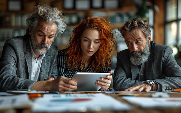 three people are looking at a tablet