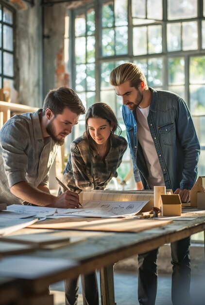 three people are looking at working papers