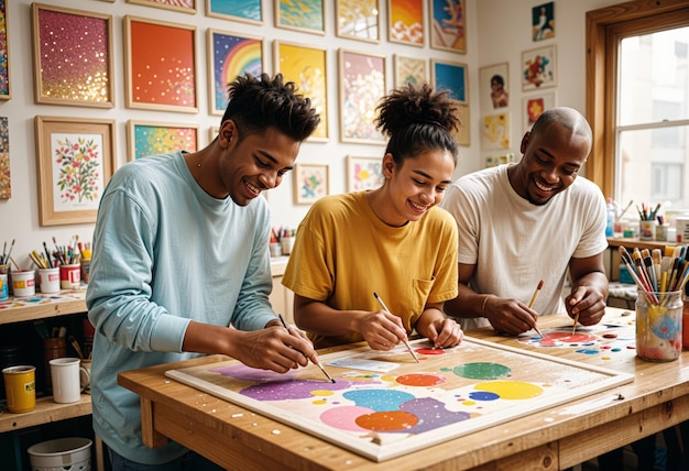 three people are painting and decorating with a colorful picture of a circle