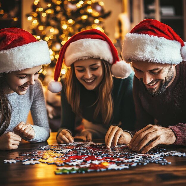 Photo three people are playing puzzle together with a christmas tree in the background