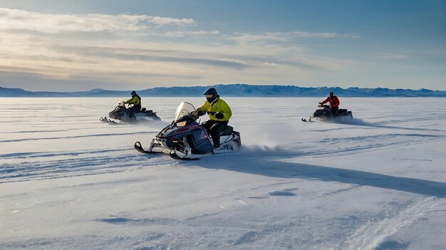 Photo three people are riding snowmobiles in the snow one of which has the number 3 on it