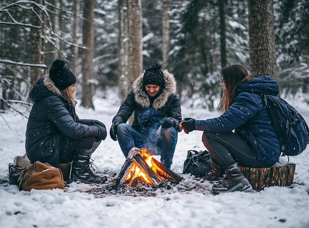 Photo three people are sitting around a campfire and one of them is wearing a fur coat