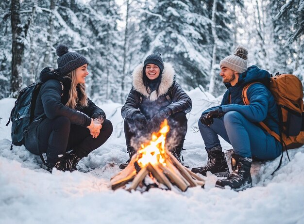 Photo three people are sitting around a campfire and one of them is wearing a fur coat