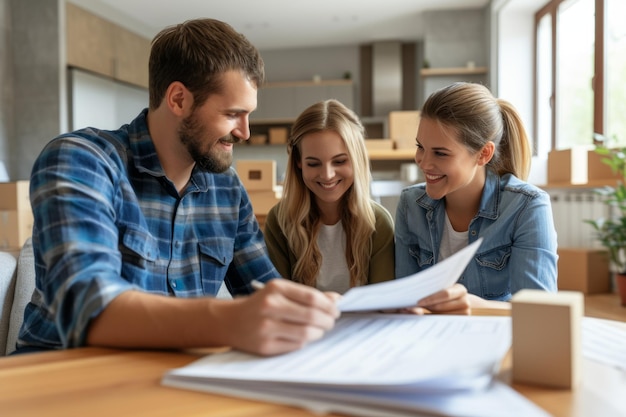 Photo three people are sitting around a table looking at a document