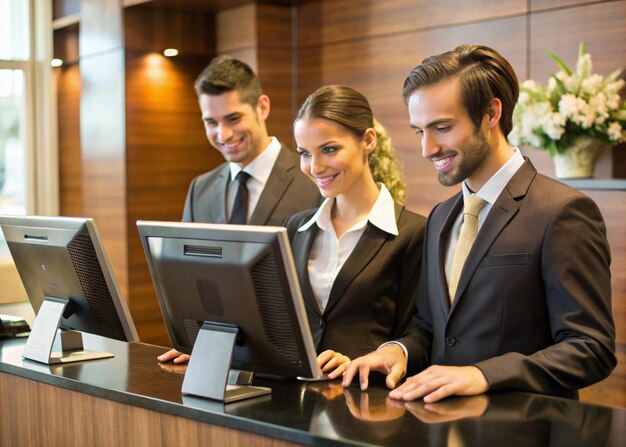 three people are sitting at a desk with a computer monitor