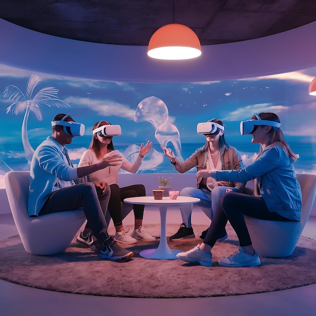 three people are sitting in a room with 3d glasses on their heads