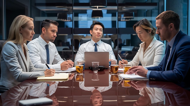 three people are sitting at a table with a laptop and a glass of beer