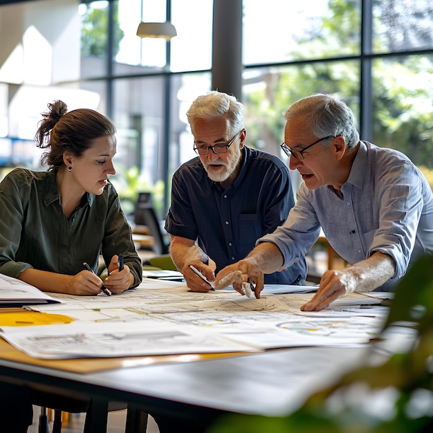 three people are sitting at a table with a map and a man in a green shirt