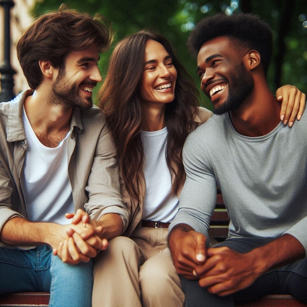 three people are smiling and one has a white shirt that says the word on it