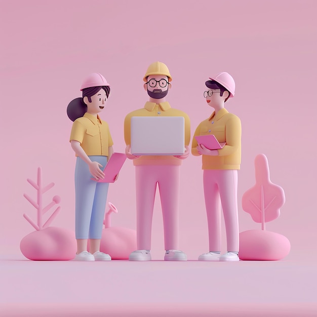 three people are standing in front of a pink background