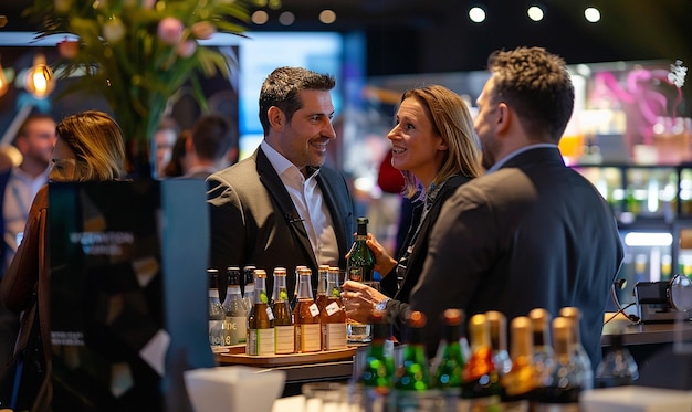 Photo three people are talking in front of a bar with a bottle of liquor