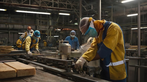 Photo three people are working on a factory with the word quot w quot on the back of the jacket