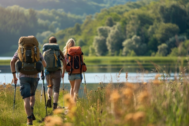 Three People Backpacking by Lake