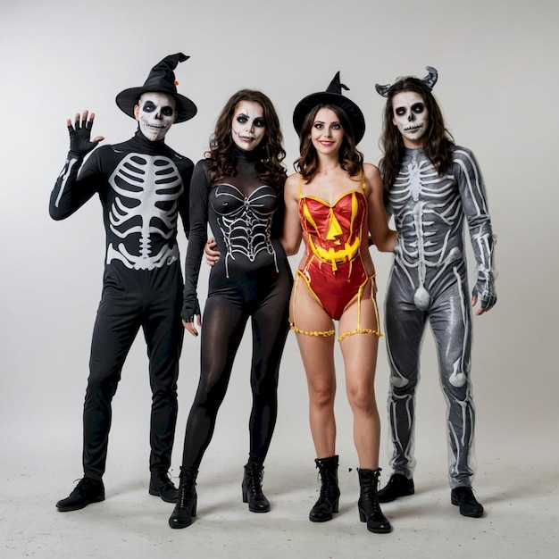 three people dressed as skeletons one of which has a red cape and the other with a yellow cape