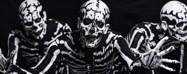 Photo three people dressed in skeleton costumes with black background ideal for halloween or spooky themed