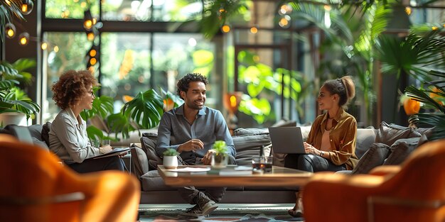 Photo three people engaged in a conversation in a plantfilled setting