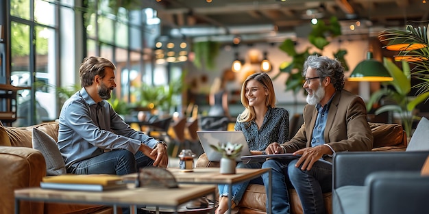 Photo three people engaged in a discussion in a cozy modern setting