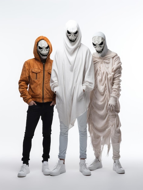 Three people in halloween costumes isolated on a white background