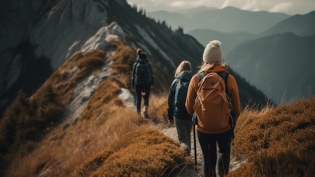 Three people hiking in the mountains, one of them has a backpack on.