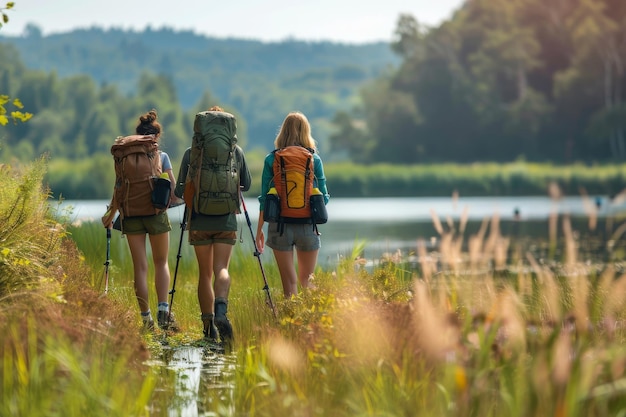 Three People Hiking With Backpacks Along River