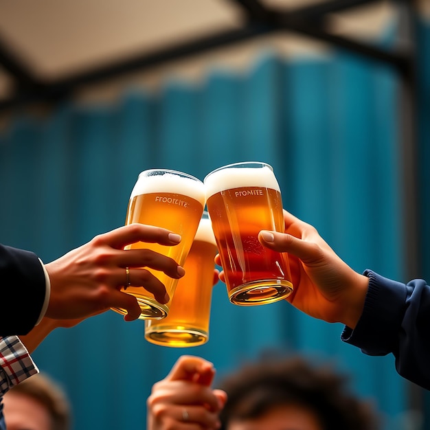 Photo three people holding beer glasses with one being held up with one being held up