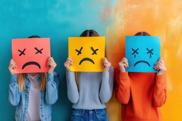 Photo three people holding face signs