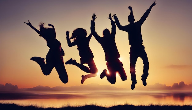 three people jumping in the air with the sun behind them