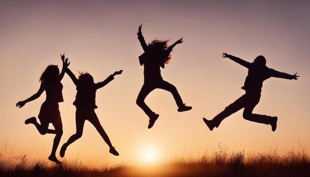 three people jumping in the air with the sun behind them