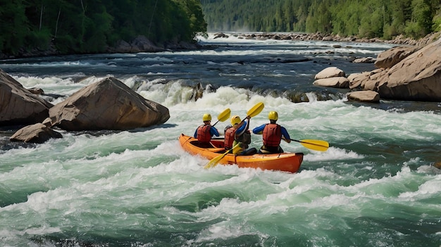 Photo three people in a kayak with the number 3 on their back