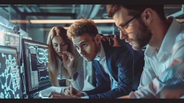 Photo three people looking at a computer screen with a man and woman generative ai