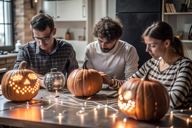 three people looking at pumpkins on a table with lights behind them