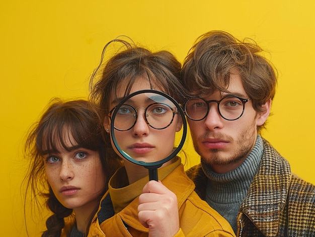 Photo three people looking through a magnifying glass