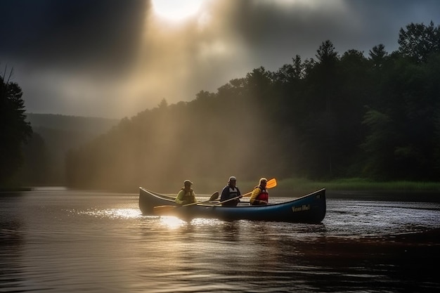 Three people paddle a canoe on a lake at night.