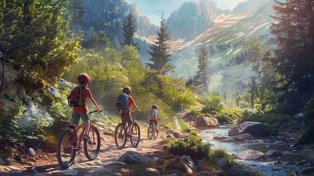 three people riding bikes on a trail with mountains in the background