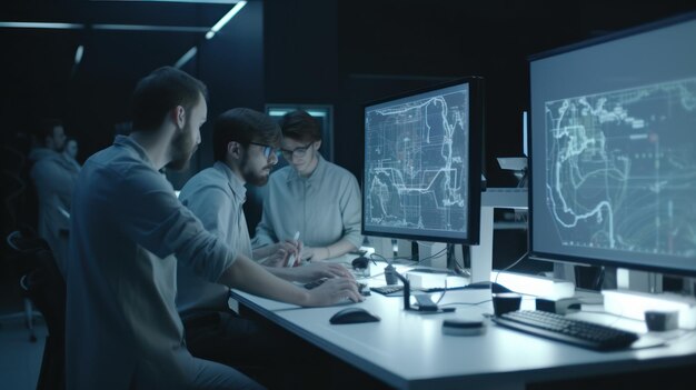 Three people sit at a desk in a dark room, one of them is looking at a large screen with a map of the game on it.