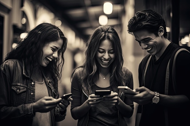 three people sitting on a bench laughing and looking at their cell phones Three individuals seated on a bench enjoying a moment of laughter while engaging with their phones