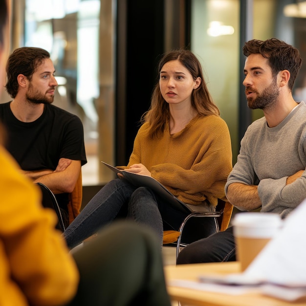 Photo three people sitting in a circle listening attentively