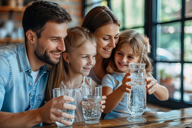 Three people sitting at a table with glasses of water