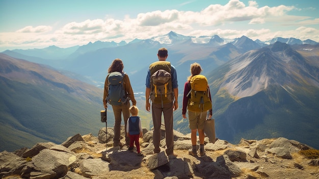 Three people standing on a mountain top with backpacks on generative ai