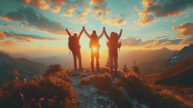 three people standing on a mountain top with their hands in the air generative ai