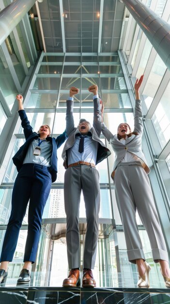 Photo three people in suits are jumping up and down in a glass building