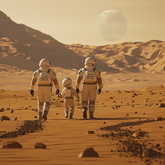 three people walking in the desert one of which is wearing a helmet