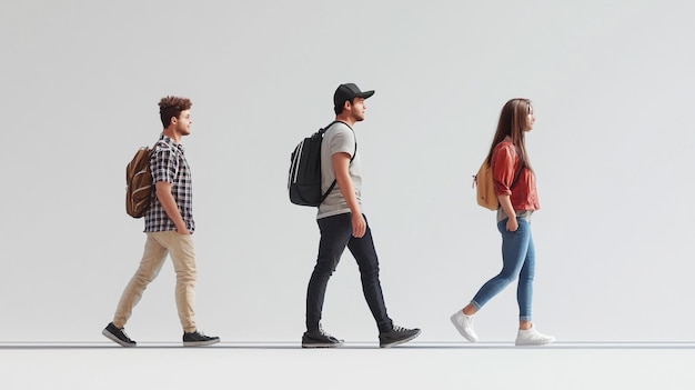 three people walking on a platform one of which has a backpack on it