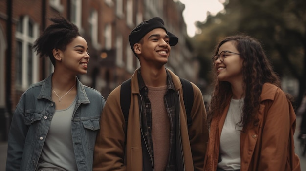 Three people walking on a street one of them has a backpack on his back