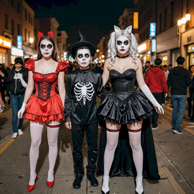 Photo three people wearing costumes with one of them wearing masks and the other with the words  skeleton  on it