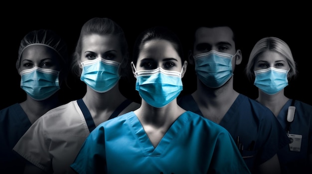 Three people wearing masks in a dark room